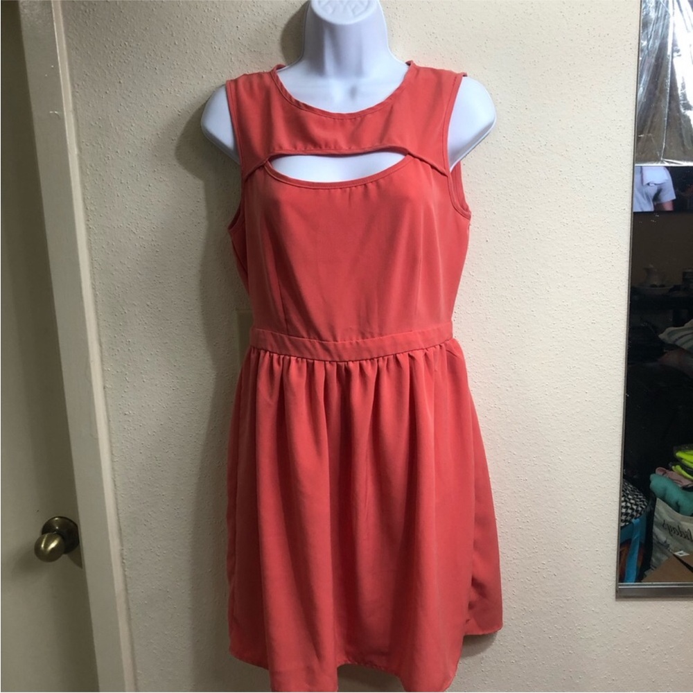 Women's Midi Dress Orange Round Neck Front &Back Cutouts Zipper Summer Dress
